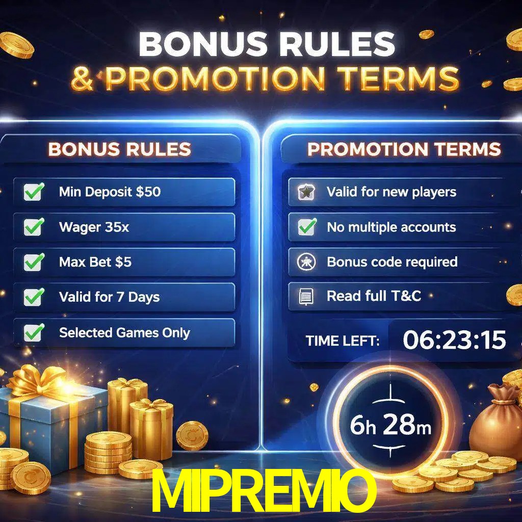 Reglas de promoción MIPREMIO y condiciones de bonos explicadas visualmente