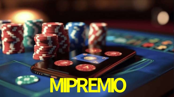 Escena dinámica inspirada en casino con iluminación MIPREMIO, cartas, fichas e íconos de juegos digitales en un espacio moderno de juegos.