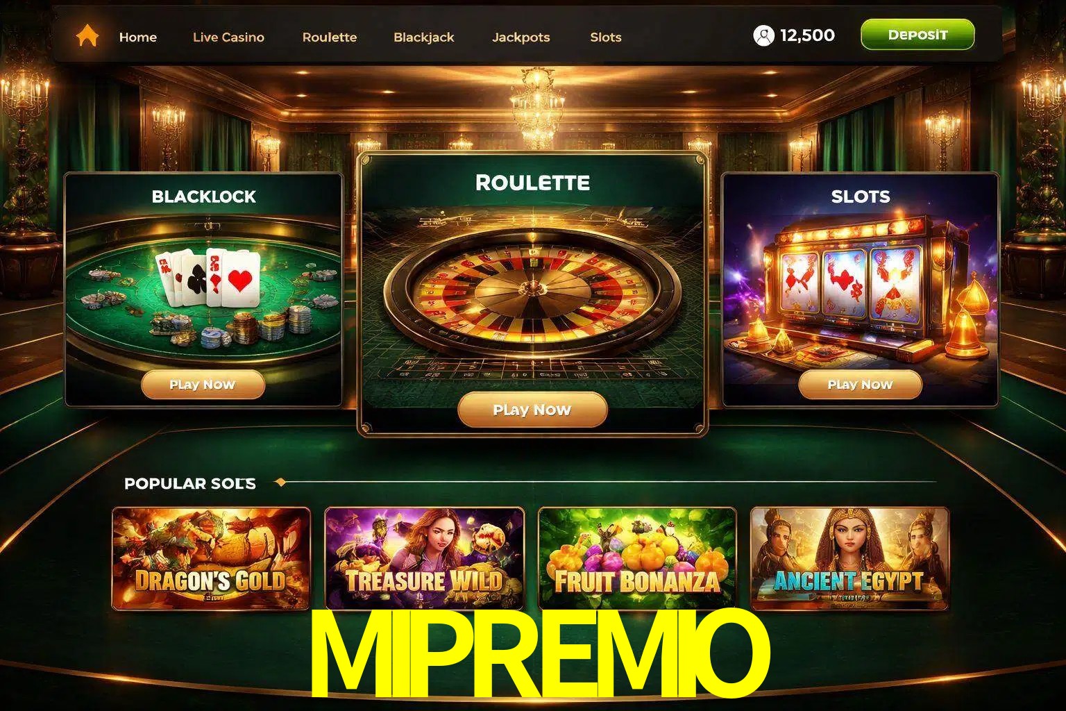 Vista de la plataforma MIPREMIO Casino mostrando categorías organizadas de juegos en línea